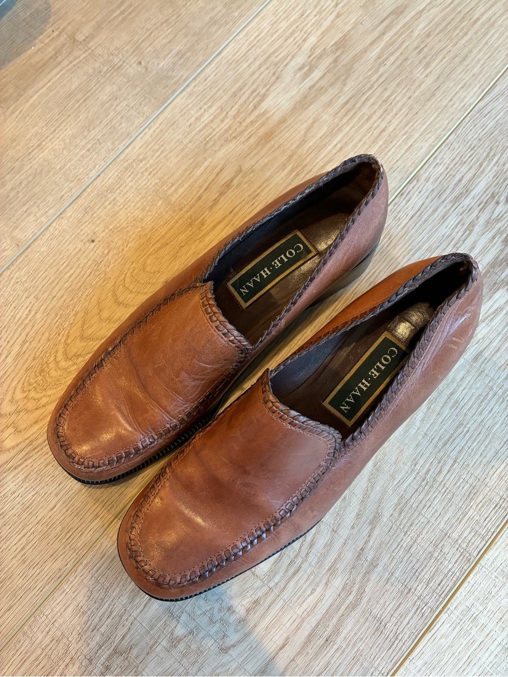 Cole Haan Brown Leather Slip-On Loafers block heel whipstitch detail 8 fall - Picture 2 of 7
